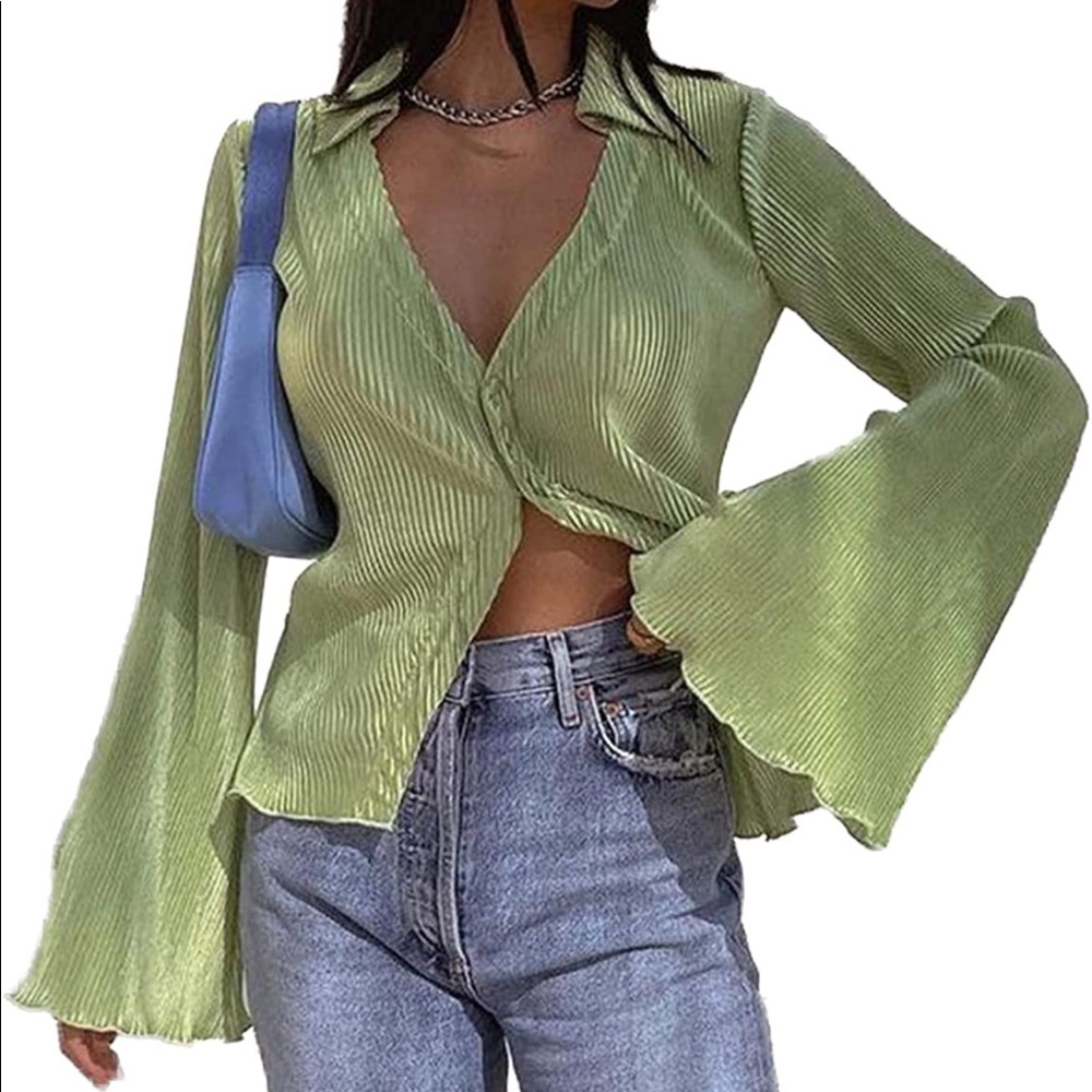 LYANER Women's Deep V Neck Button Front Bell Long Sleeve Blouse Shirt Top